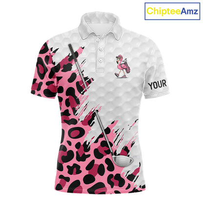 Camouflage Mens Golf Polo Shirt Custom Pink Funny Flamingo Pattern White Golf Team Shirts NYN2835