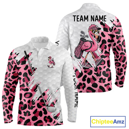 Camouflage Mens Golf Polo Shirt Custom Pink Funny Flamingo Pattern White Golf Team Shirts NYN2835