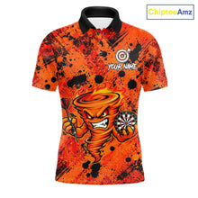 Load image into Gallery viewer, Men's fire flame tornado dart polo shirt mockup orange splatter dart jersey
