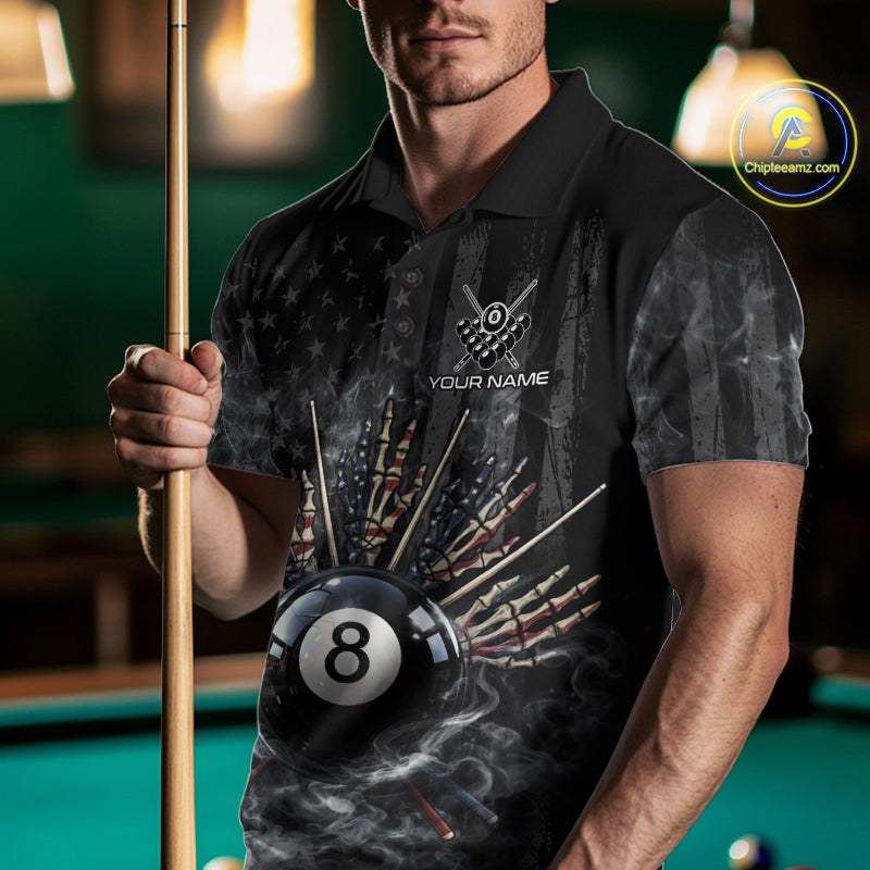 US Flag Grey Smoke Skull Bone 8 Ball Men Billiards Shirt Personalized Pool Balls Billiard Team Names NYN2688