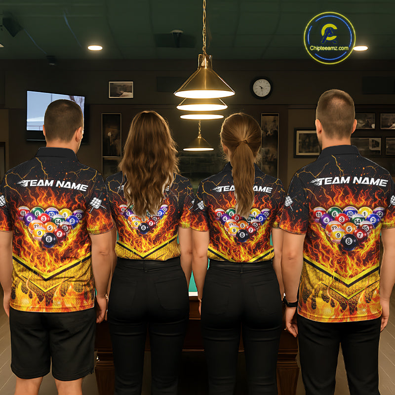 Yellow Flames Hexagon Pool Ball Set Billiards Shirt For Men Personalized Pool Balls 8 Billiard Attire NYN2690