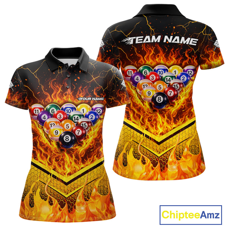 Yellow Flames Hexagon Pool Ball Set Billiards Shirt For Women Personalized Pool Balls 8 Billiard Attire NYN2690