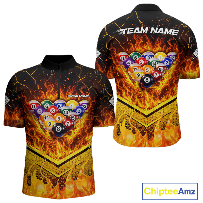 Yellow Flames Hexagon Pool Ball Set Billiards Shirt For Men Personalized Pool Balls 8 Billiard Attire NYN2690