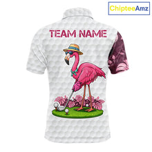 Load image into Gallery viewer, Funny Flamingo Mens Golf Polo Shirt Custom Pink And Purple Monstera Pattern White Golf Shirts NYN2841