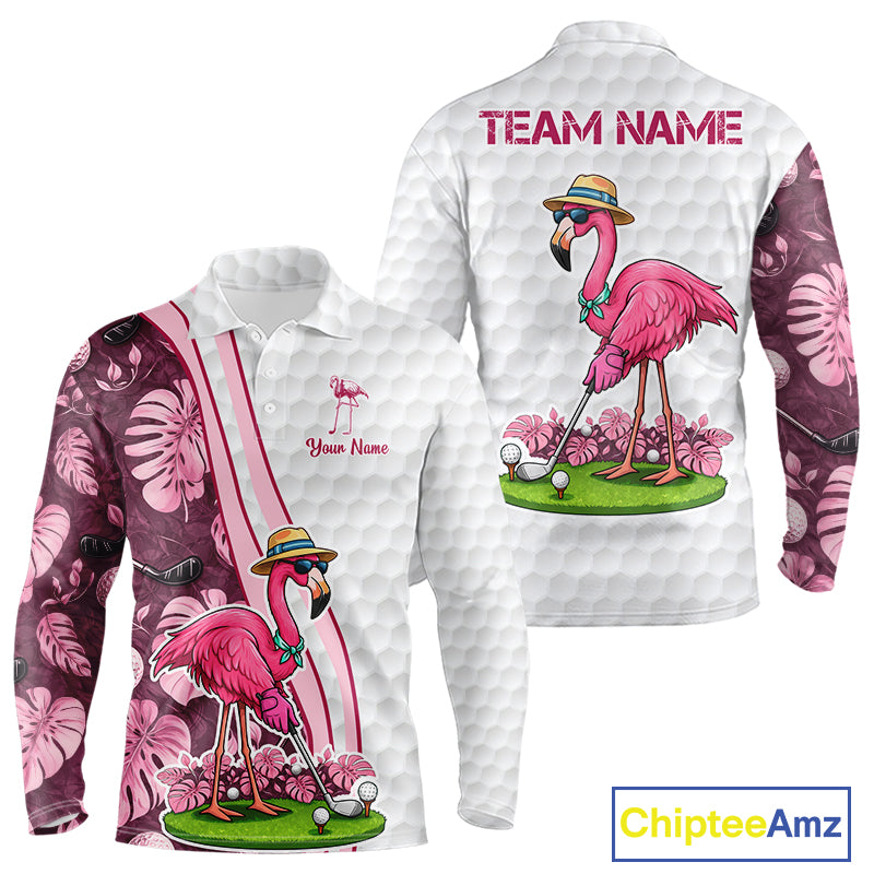 Funny Flamingo Mens Golf Polo Shirt Custom Pink And Purple Monstera Pattern White Golf Shirts NYN2841