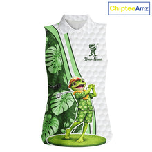 Load image into Gallery viewer, Funny Frog Golf Sleeveless Polo Shirt Custom Green Monstera Pattern White Golf Attire For Women NYN2842