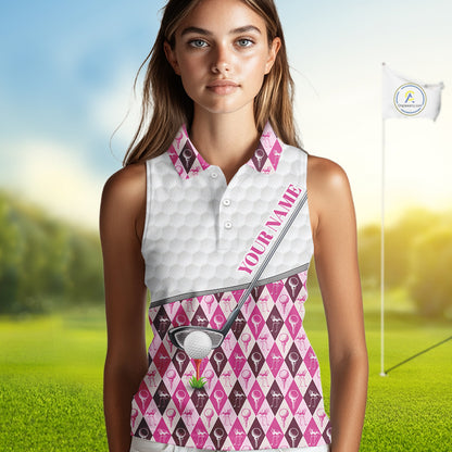 Mens Golf Sleeveless Polo Shirts Custom Pink Argyle And Flamingo Plaid Pattern Golf Attire For Women NYN2843