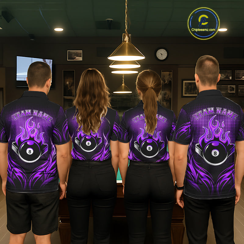 Custom Purple Flaming 8 Ball Billiard Shirts For Men Billiard League Billiard Team Shirts NYN2848