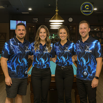 Professional pool team wearing matching Blue Dragon jerseys with personalized names, thunder lightning graphics, fantasy dragon artwork, league uniforms, esports-inspired teamwear, teamwork, victory, strength, prosperity, championship branding, corporate sports events.