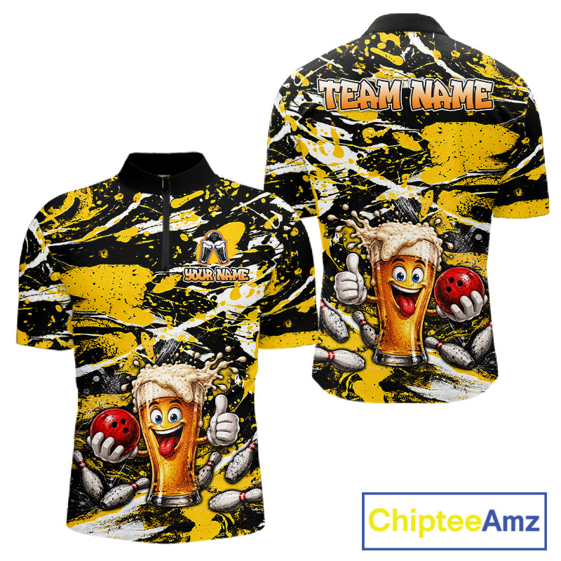 Yellow, White And Black Splatter Funny Beer Bowling Shirt For Men Custom Outfit Bowling Jersey NYN3235