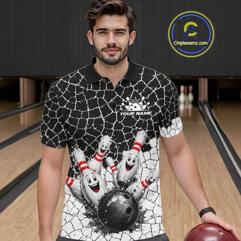 White And Black Cracked Funny Pins & Ball Bowling Shirt For Men Custom Outfit Team Bowling Jersey NYN3238