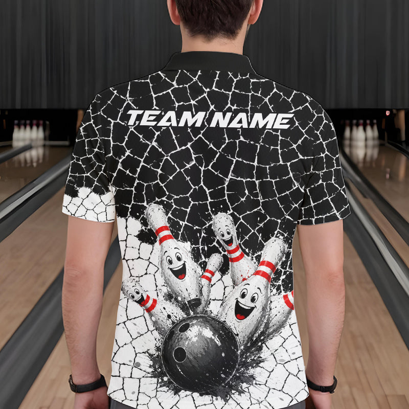 White And Black Cracked Funny Pins & Ball Bowling Shirt For Men Custom Outfit Team Bowling Jersey NYN3238