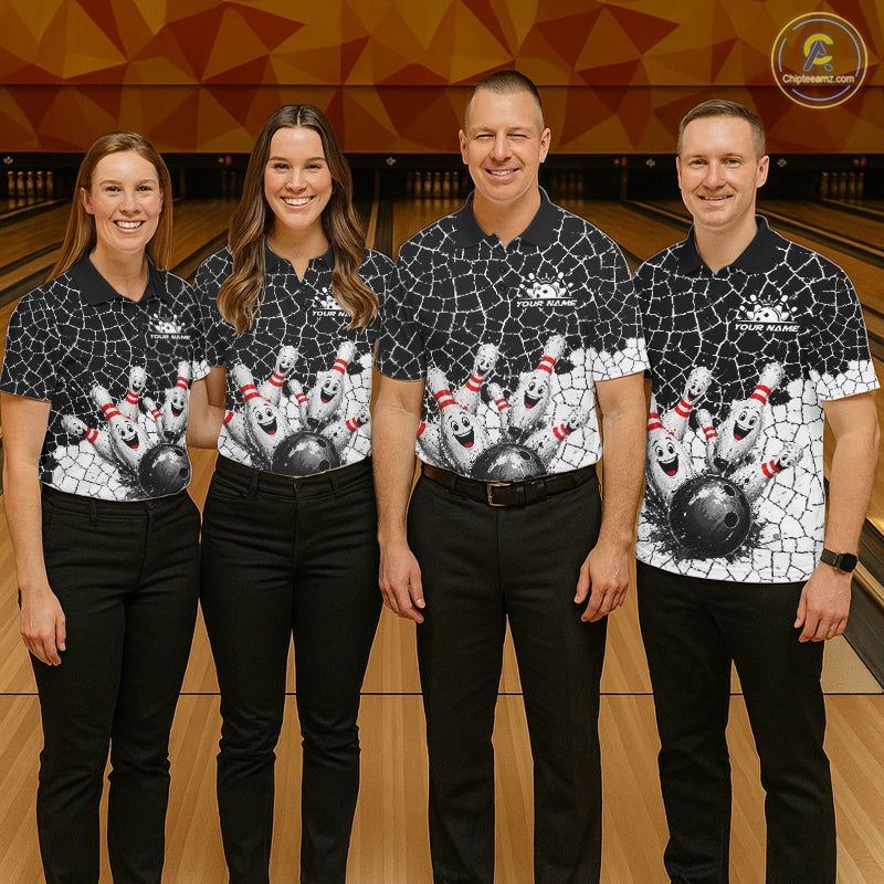 White And Black Cracked Funny Pins & Ball Bowling Shirt For Women Custom Outfit Team Bowling Jersey NYN3238