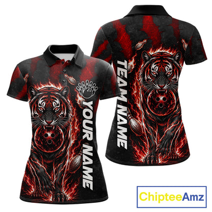 Fire Flame Tiger Red Claws women's bowling polo shirt custom bowling team jersey, personalized bowling uniform