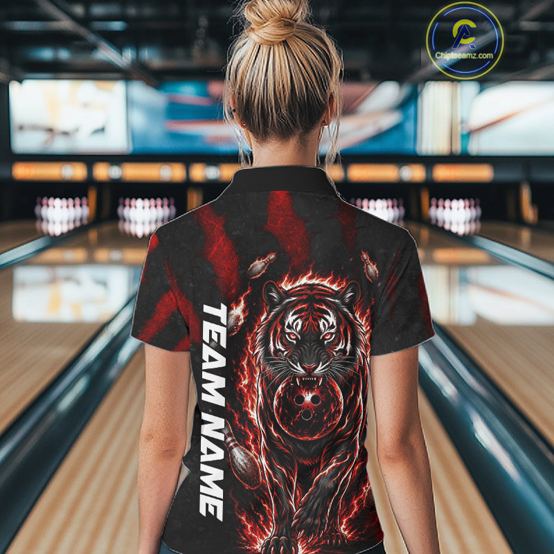 Female bowler wearing Fire Flame Tiger Red Claws bowling jersey during league and tournament competition
