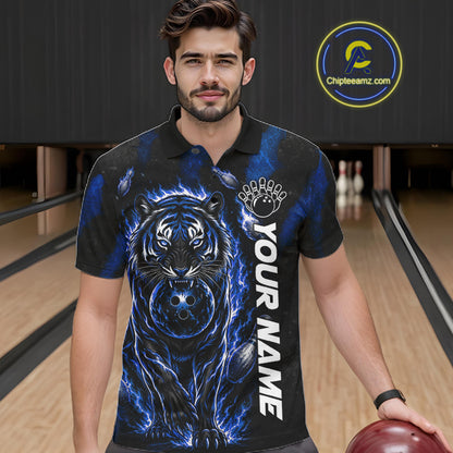 Fire Flame Tiger Blue Claws men's quarter zip bowling shirt custom team bowling uniform