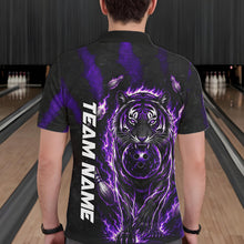 Load image into Gallery viewer, Male bowler wearing Fire Flame Tiger Purple Claws bowling shirt during tournament bowling competition