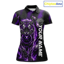 Load image into Gallery viewer, Fire Flame Tiger Purple Claws women's bowling polo shirt custom bowling team uniform, personalized bowling jersey