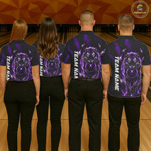 Load image into Gallery viewer, Men women bowling team wearing Fire Flame Tiger Purple Claws custom bowling uniforms for league and championship events