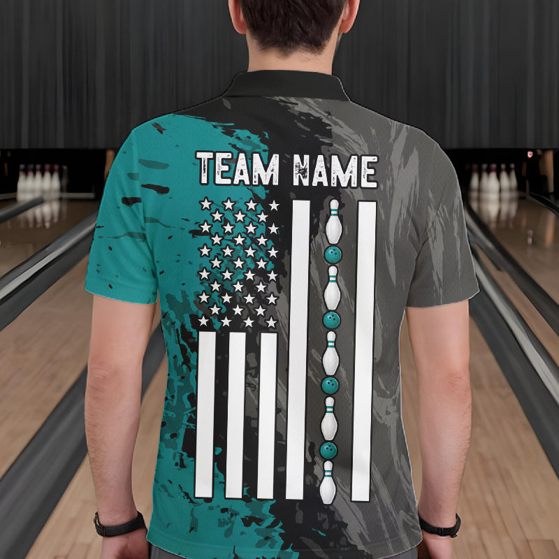 Male bowler wearing Black Grey Teal Grunge US Flag bowling jersey during league and championship bowling competition