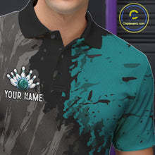 Load image into Gallery viewer, Male bowler wearing Black Grey Teal Grunge US Flag bowling jersey during league and championship bowling competition