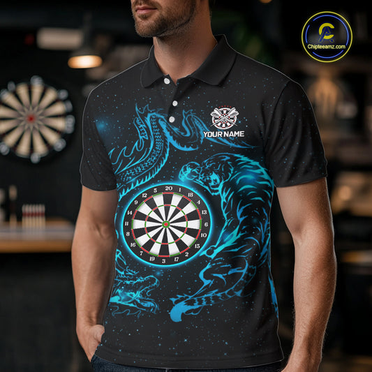 Custom Tiger And Dragon Blue Dartboard Men Darts Polo League Shirts Funny Dart Jerseys NYN2216