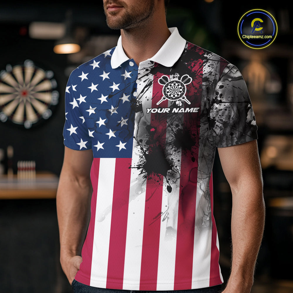 Personalized American Flag Black Splatter Dart Polo Shirts For Men Custom Dart Team Jerseys NYN2711