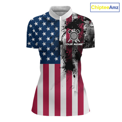 Personalized American Flag Black Splatter Dart 1/4-Zip Shirts For Women Custom Dart Team Jerseys NYN2711