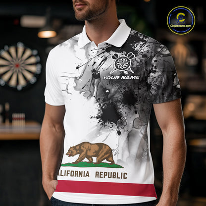Personalized California Flag Black Splatter Dart Polo Shirts For Men Custom Dart Team Jerseys NYN2714