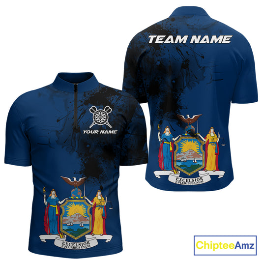 Personalized New York Flag Black Splatter Dart 1/4-Zip  Shirts For Men Custom Dart Team Jerseys NYN2715