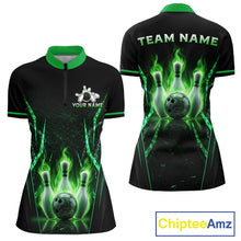 Load image into Gallery viewer, Custom Green Flaming Womens Bowling Jerseys Personalized Bowling Team Shirts For Bowlers NYN3075