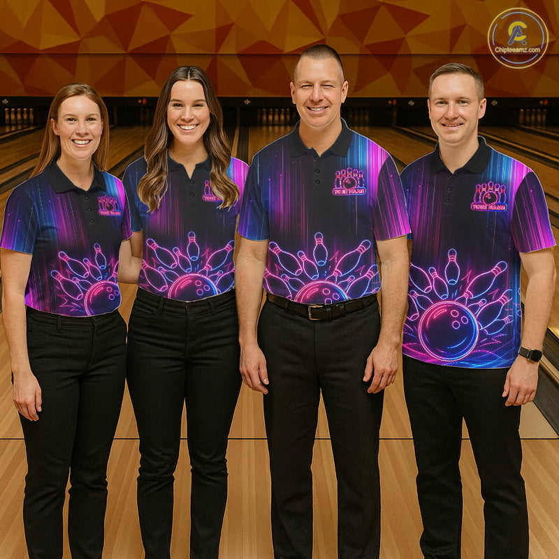 Pink And Blue Neon Lightning Bowling Polo & 1/4-Zip Shirt For Women Custom Team Bowling Jersey NYN3240