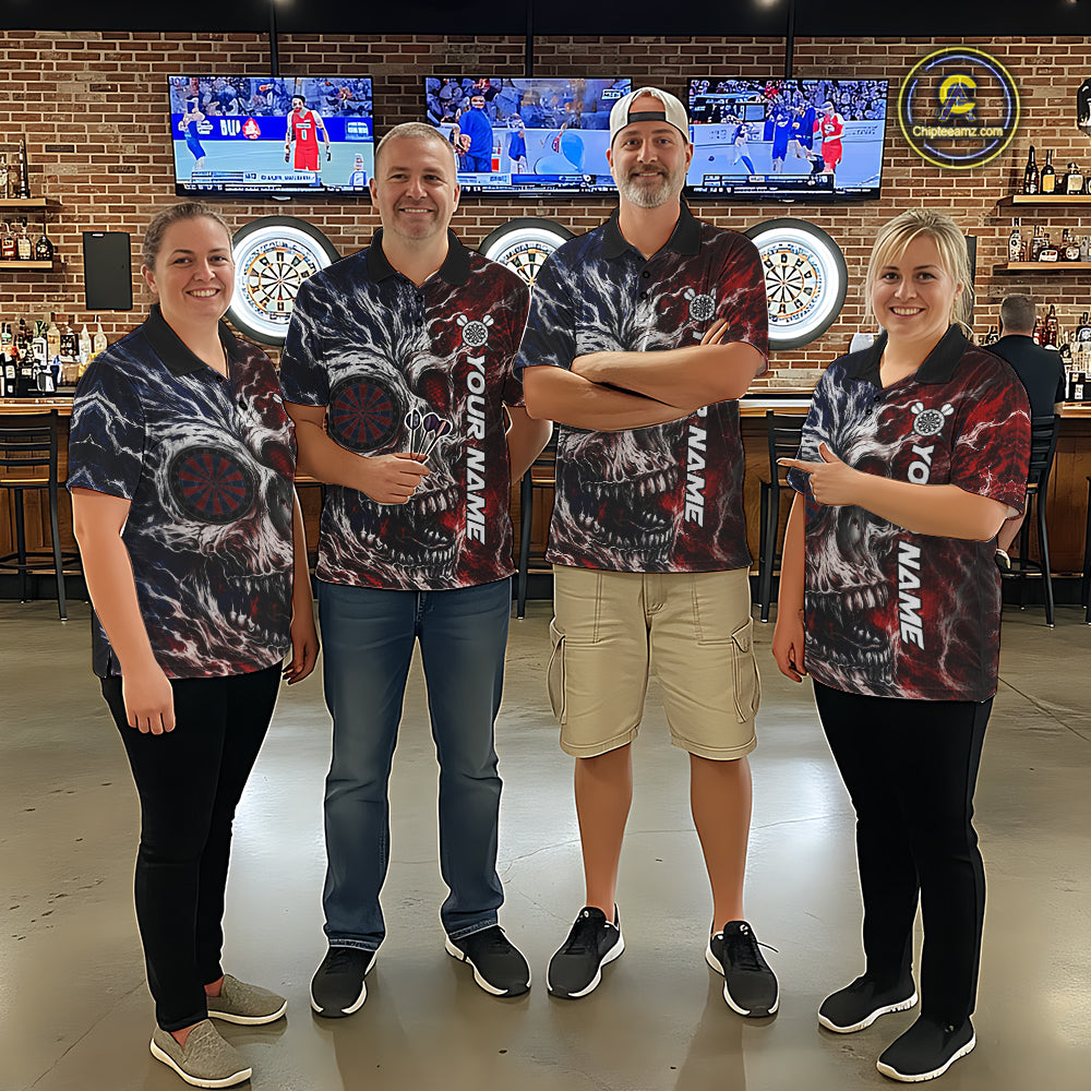 Red And Blue Smoking Skull Dartboard Mens Darts Shirt Personalized Team Darts Jersey NYN3246