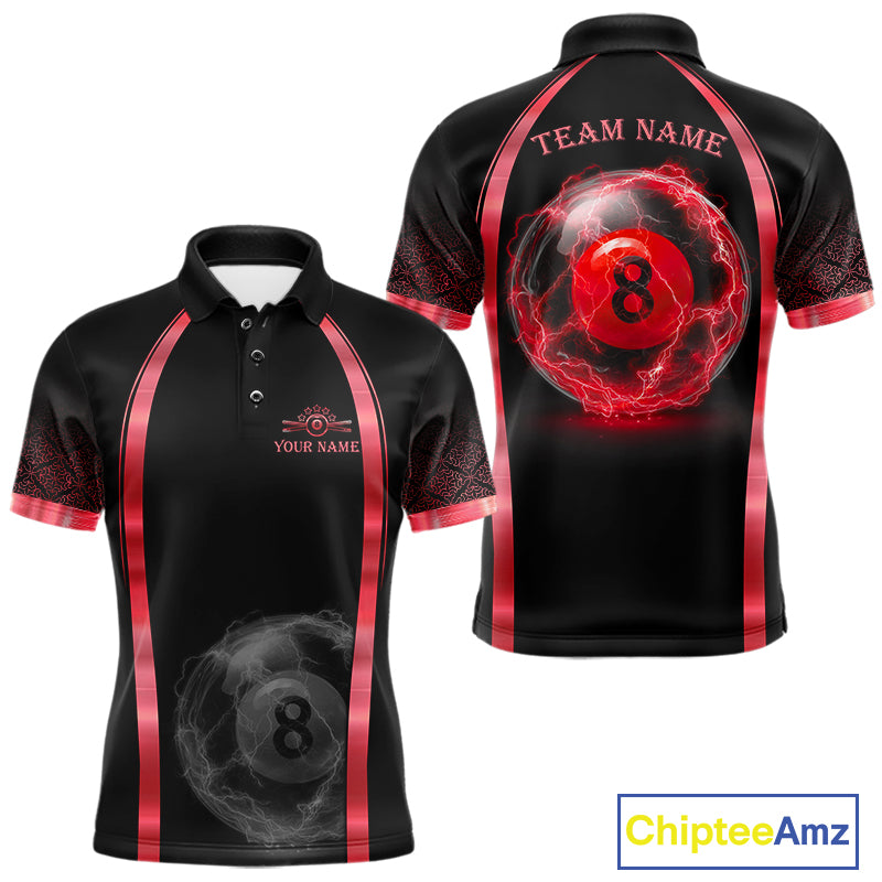 Black Red Thunder Lightning men's billiard polo shirt custom 8 ball pool team jersey, tournament billiards apparel