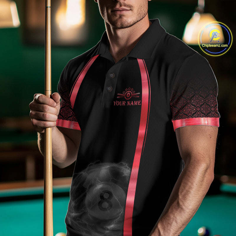Male billiards player wearing Black Red Thunder Lightning 8 ball pool jersey during competitive tournament play