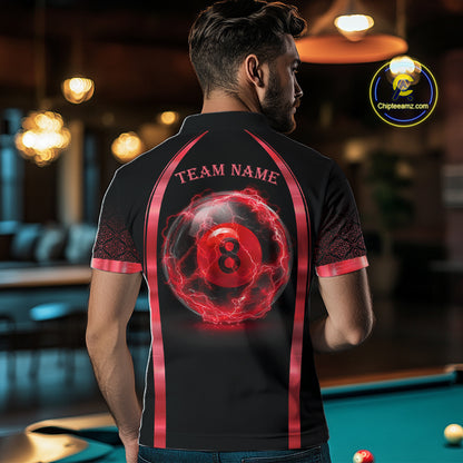 Male billiards player wearing Black Red Thunder Lightning 8 ball pool jersey during competitive tournament play