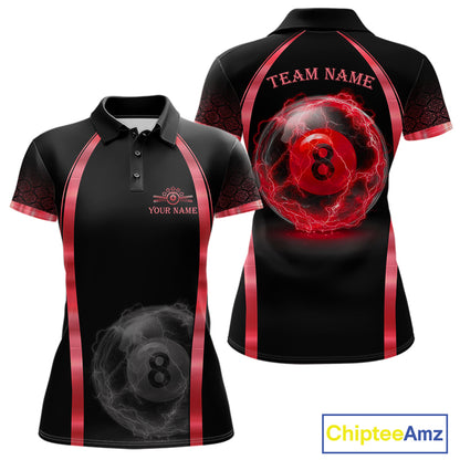 Black Red Thunder Lightning women's billiard polo shirt custom 8 ball pool team jersey, tournament billiards apparel