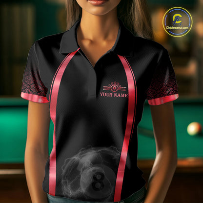 Female billiards player wearing Black Red Thunder Lightning 8 ball pool jersey during competitive tournament play