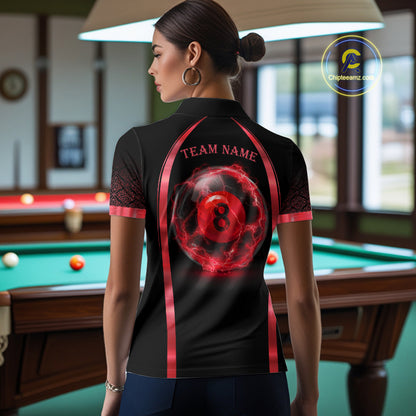 Female billiards player wearing Black Red Thunder Lightning 8 ball pool jersey during competitive tournament play
