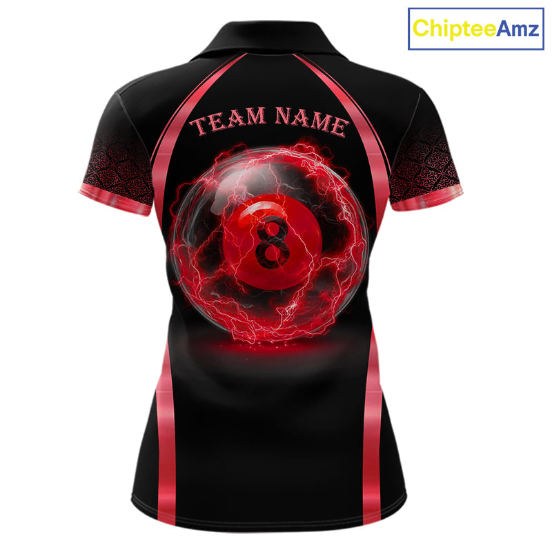 Black Red Thunder Lightning women's billiard polo shirt custom 8 ball pool team jersey, tournament billiards apparel