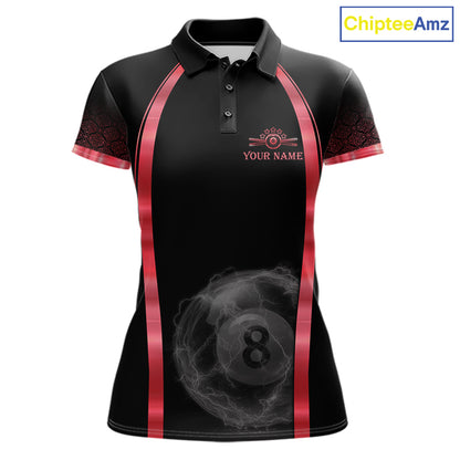 Black Red Thunder Lightning women's billiard polo shirt custom 8 ball pool team jersey, tournament billiards apparel