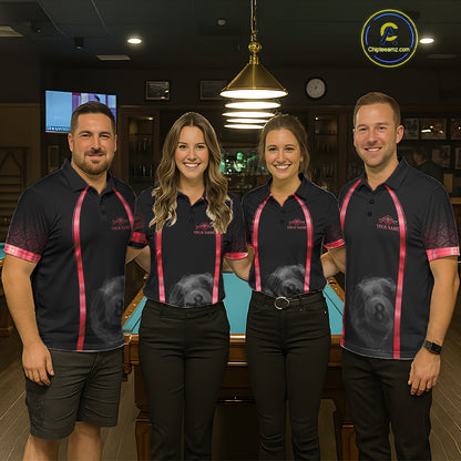 Men women billiard team wearing Black Red Thunder Lightning custom pool uniforms, professional billiards jerseys