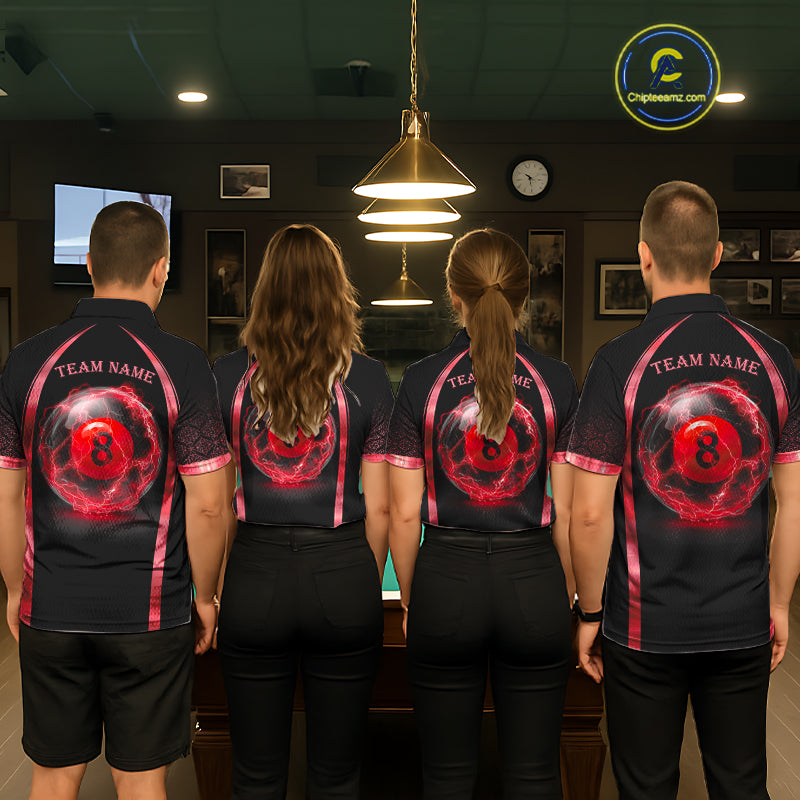 Men women billiard team wearing Black Red Thunder Lightning custom pool uniforms, professional billiards jerseys