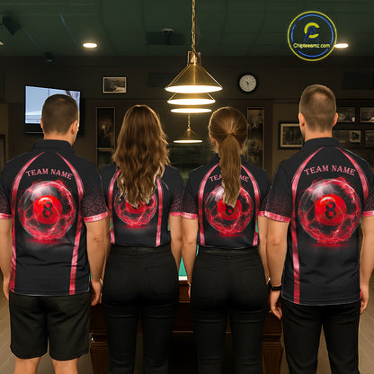 Men women billiard team wearing Black Red Thunder Lightning custom pool uniforms, professional billiards jerseys