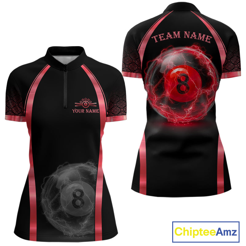 Black Red Thunder Lightning women's quarter zip billiard shirt custom 8 ball pool uniform, APA league jersey