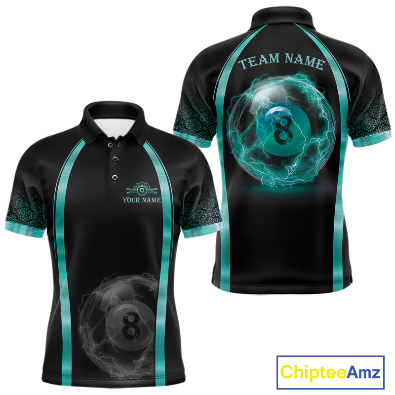 Black Teal Thunder Lightning men's billiard polo shirt custom 8 ball pool team jersey, personalized billiards apparel