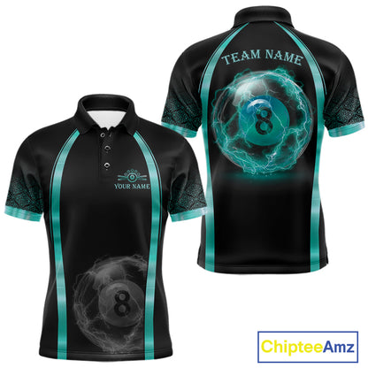 Black Teal Thunder Lightning men's billiard polo shirt custom 8 ball pool team jersey, personalized billiards apparel