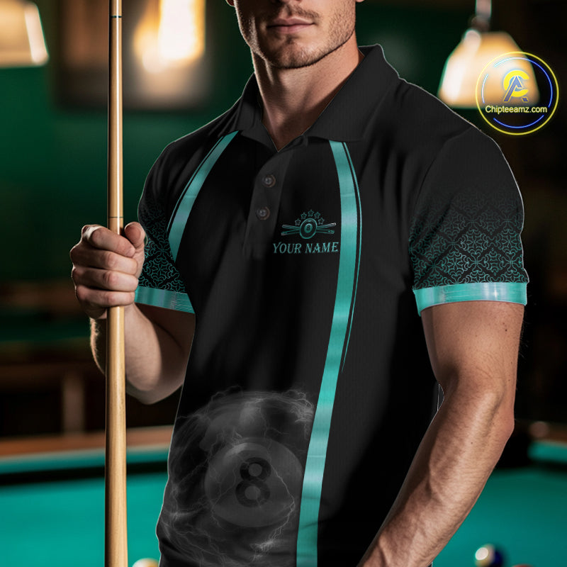 Male pool player wearing Black Teal Thunder Lightning 8 ball billiard jersey during league competition