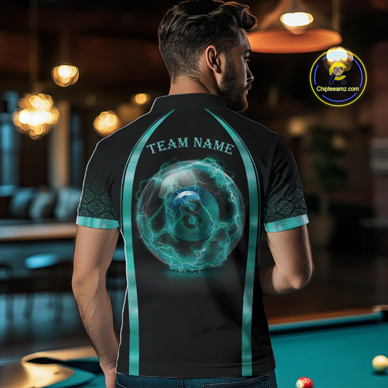 Male pool player wearing Black Teal Thunder Lightning 8 ball billiard jersey during league competition