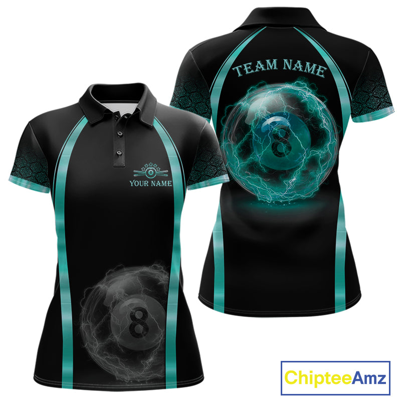 Black Teal Thunder Lightning women's billiard polo shirt custom 8 ball pool team jersey, personalized billiards apparel